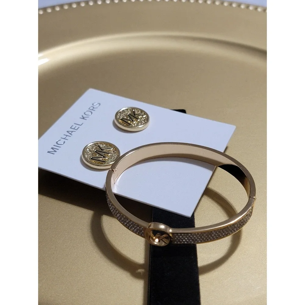 Michael Kors Gold Tone Pave Crystal Logo Bangle Bracelet and Stud Earrings Set‎